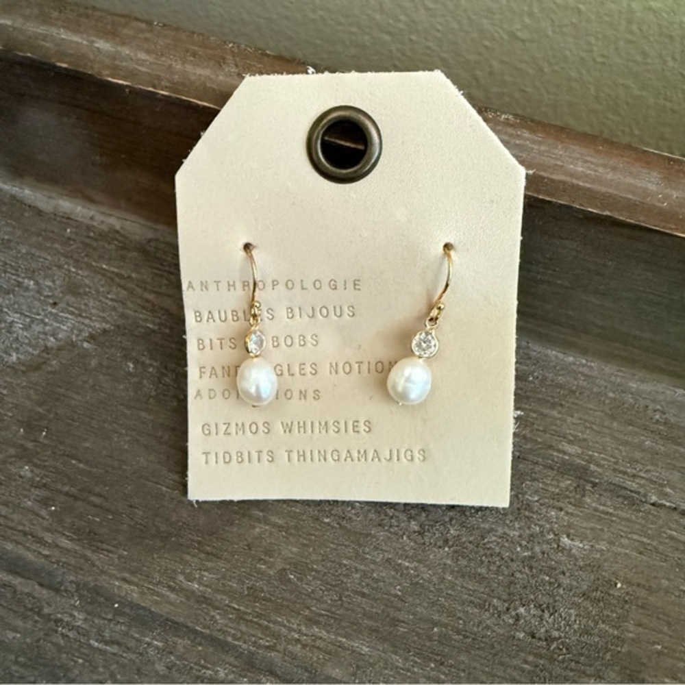 Anthropologie Gold Pearl Drop Earrings with Clear Crystal